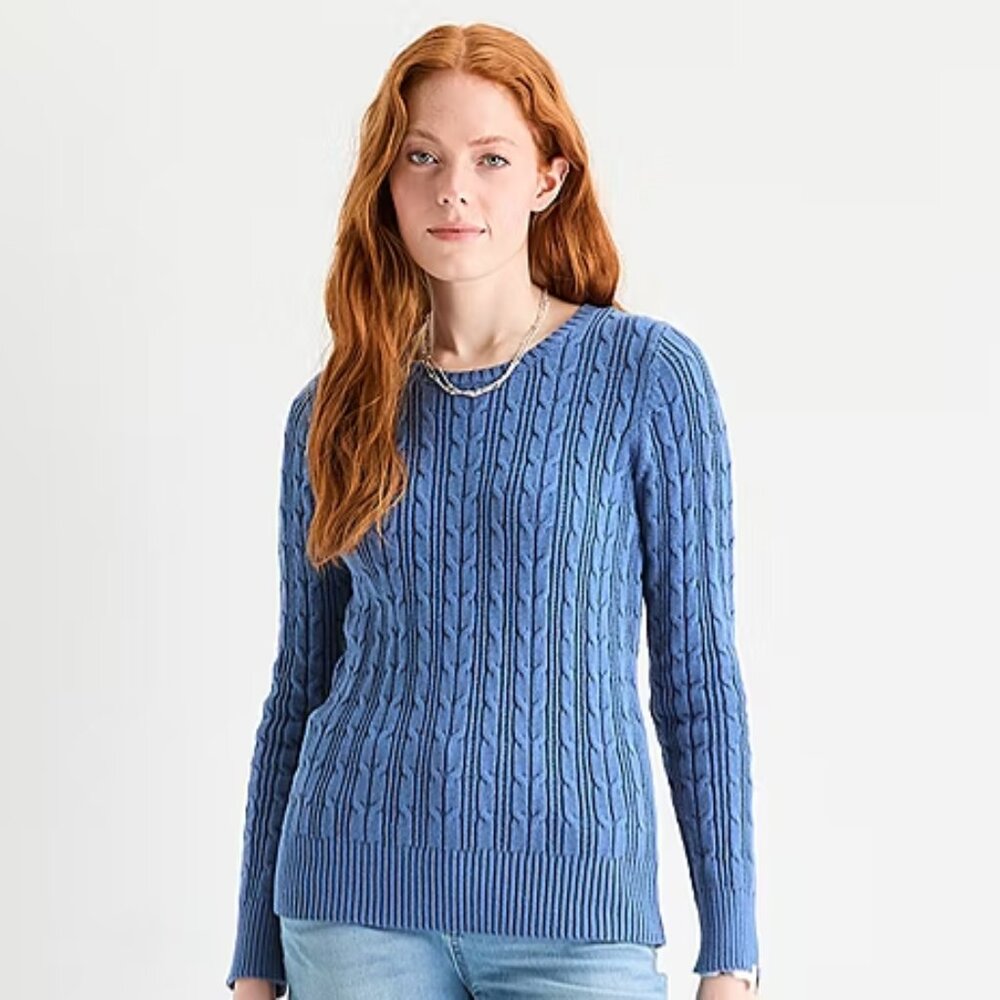 NWT St. John's Bay Women’s Crew Neck Long Sleeve Cable Knit Pullover Sweater
